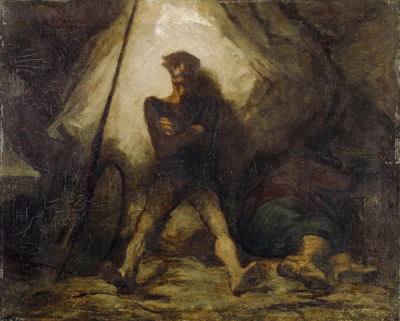 Honoré Daumier's 1855 painting of the night vigil: a gaunt Don Quixote stands alone outside a moonlit tent in dark half-armour, arms folded across his chest, a lance and round shield propped against the tent pole beside him, while Sancho Panza lies curled asleep on the ground at his feet