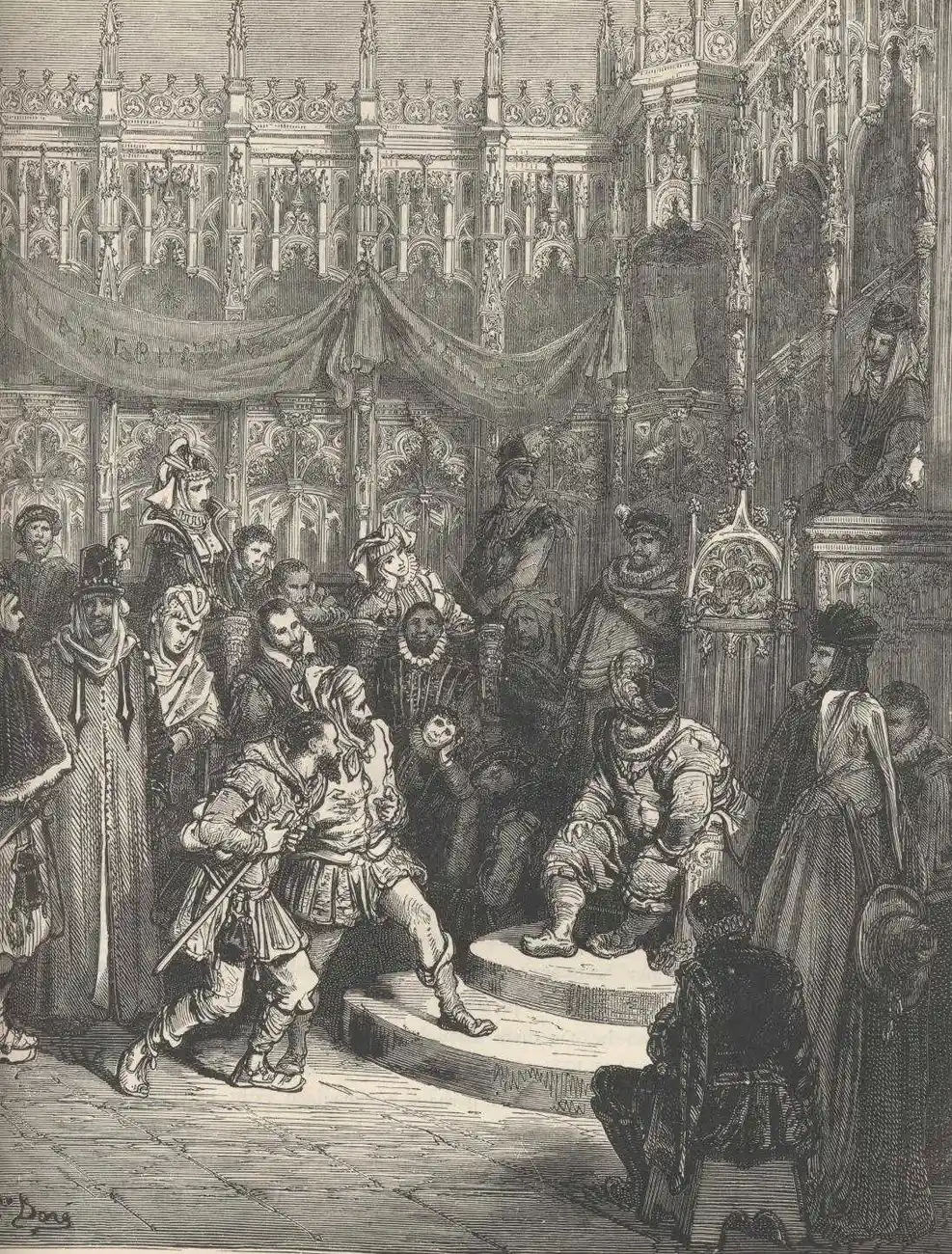 Gustave Doré's 1863 engraving of Sancho Panza as governor: a stout, plainly dressed man sits on a low judgment platform in a gothic-arched hall with a kneeling petitioner before him, a robed official at a lectern to the right and a knot of onlookers gathered at the left
