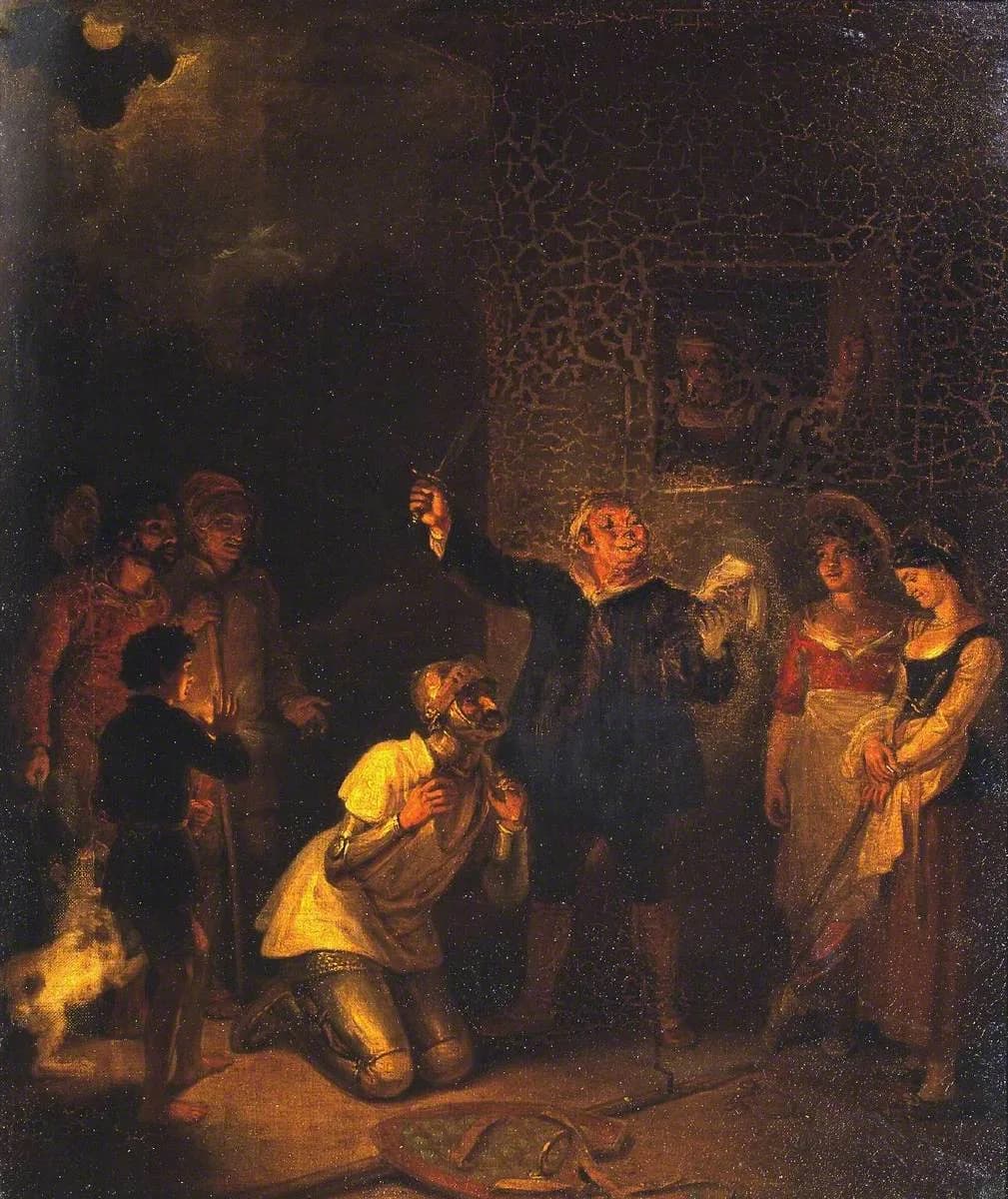 Robert Smirke's painting of the knighting at the inn: Don Quixote kneels in half-armour in a torchlit courtyard while the innkeeper stands over him reading from a ledger, a boy holds a candle at the left beside two onlookers in shadow, and two serving women in bright dresses watch from the right