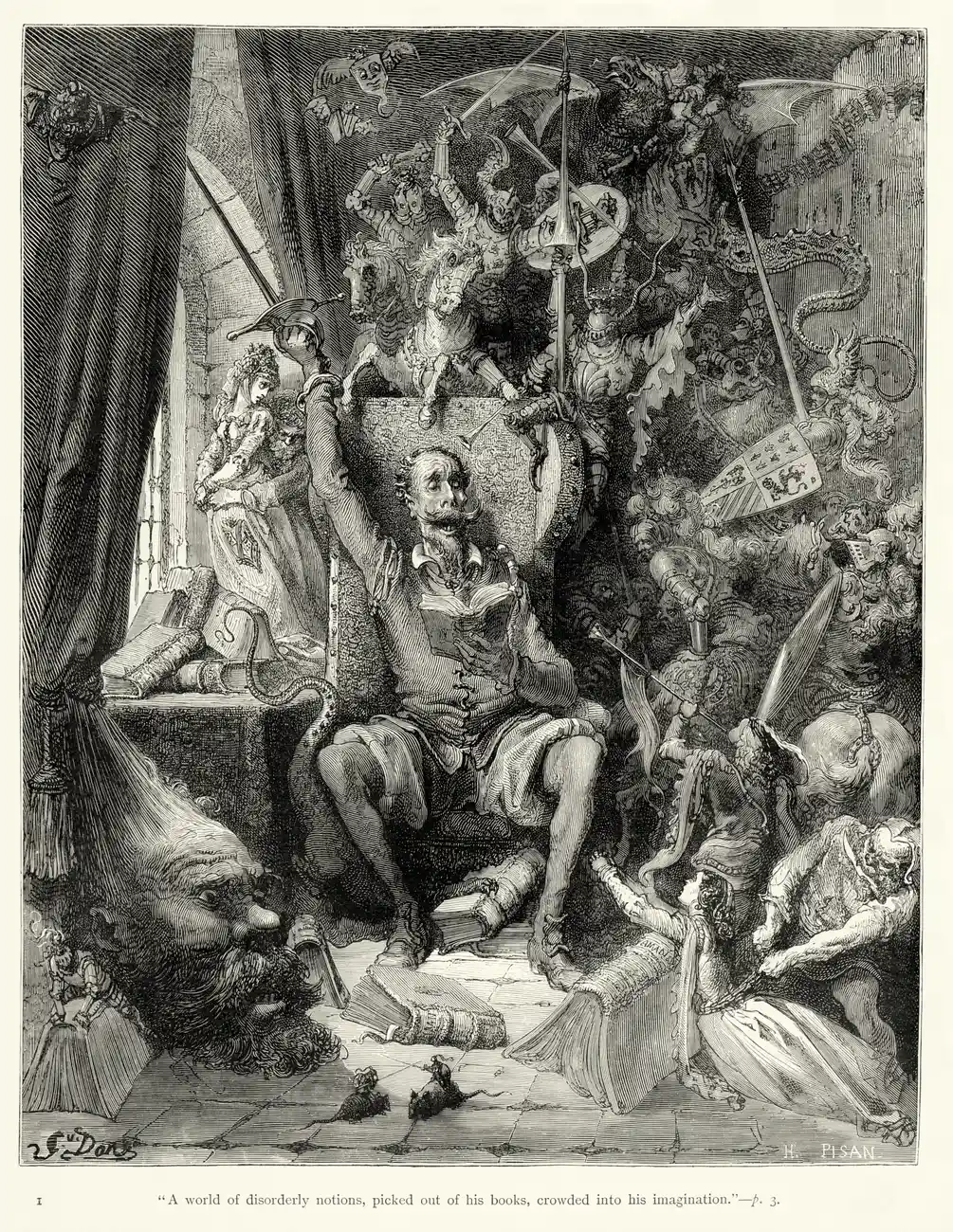 Gustave Doré's 1863 engraving of Don Quixote in his study: a thin man in a ruff sits collapsed in a tall wooden chair with his arms flung up, while a swarm of knights, giants, dragons and damsels out of his chivalry romances bursts out of the wall above him, with books and a stone bust scattered on the floor