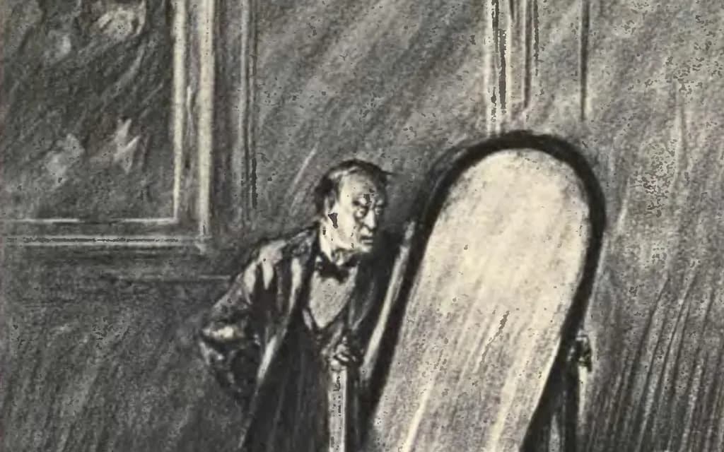 Charles Raymond Macauley's 1904 drawing of a gaunt man standing beside a tall cheval glass in a panelled room