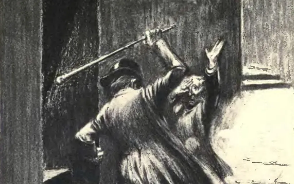 Charles Raymond Macauley's 1904 drawing of a small figure in a long coat swinging a cane at a man falling against a wall