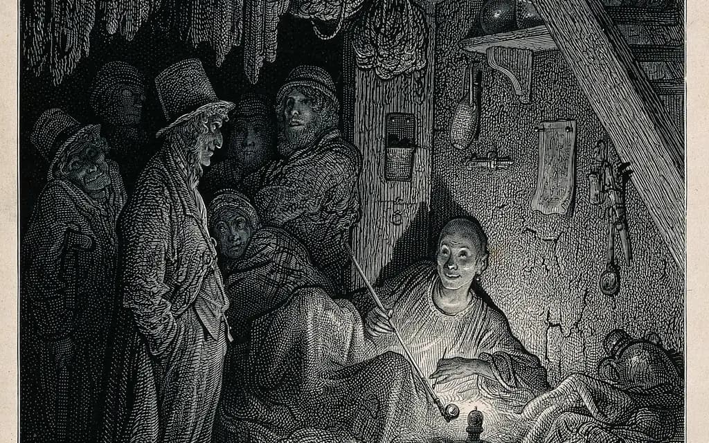 An engraving of an East End London opium den, a reclining smoker watched by a circle of onlookers