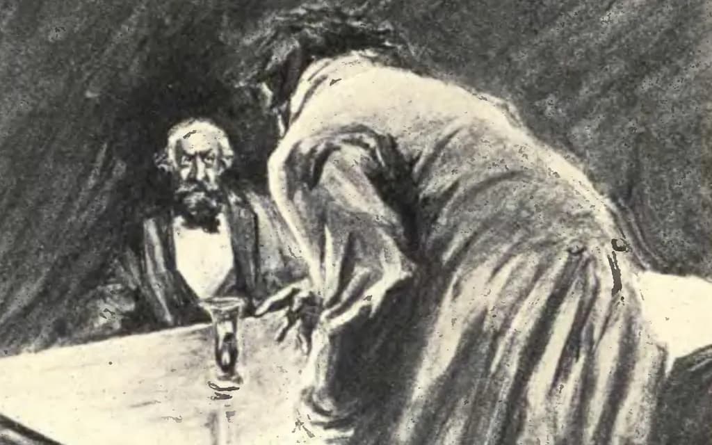 Charles Raymond Macauley's 1904 drawing of a stooping figure at a table with a measured glass while a bearded doctor watches