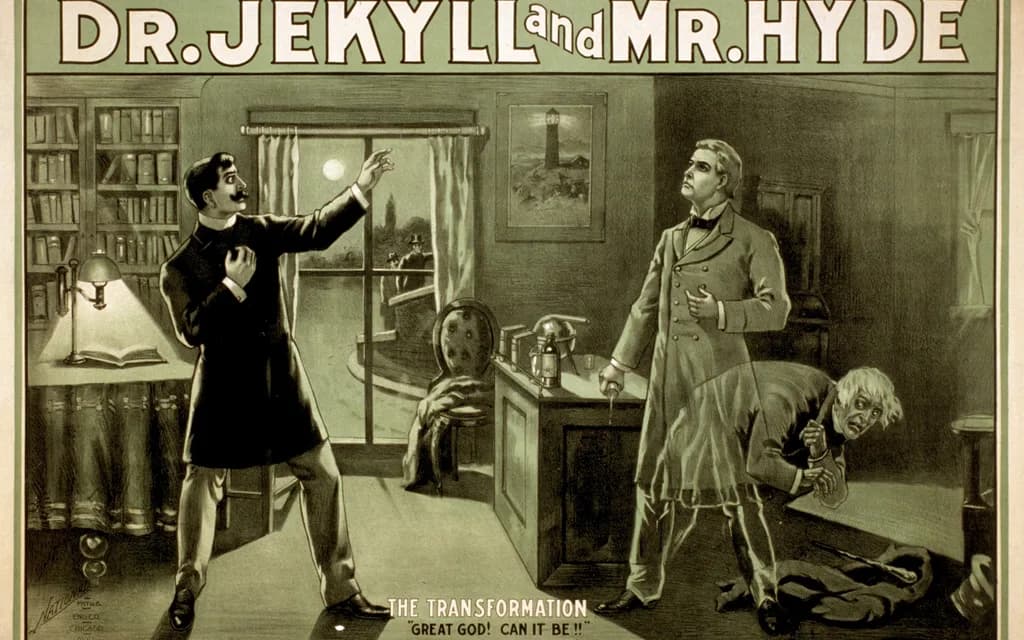 A period theatrical poster for a stage adaptation of Dr Jekyll and Mr Hyde, captioned "The Transformation. Great God! Can it be!!"