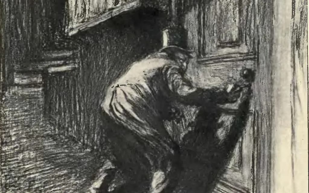 Charles Raymond Macauley's 1904 drawing of a top-hatted figure stooping at a blistered door in a dark London street
