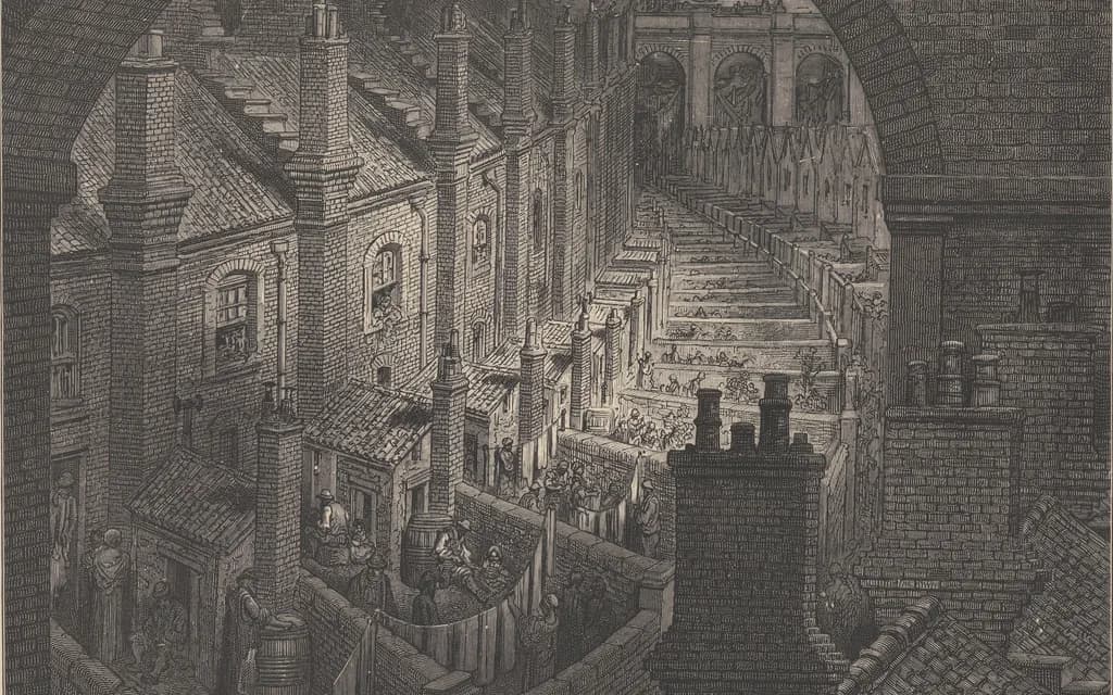 Gustave Doré's 1872 engraving "Over London by Rail", looking down over cramped Victorian rooftops and chimney stacks toward a passing train