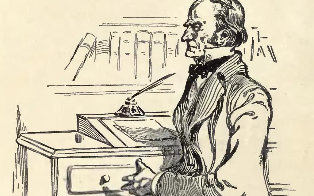 Charles Raymond Macauley's 1904 drawing of a lean Victorian lawyer at his writing desk with an inkstand and bookshelves behind him