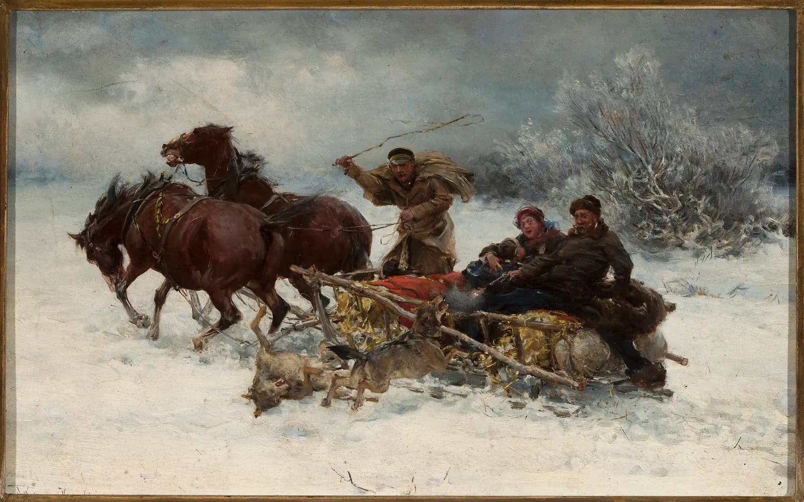 An 1880 painting by Alfred Wierusz-Kowalski of three horses pulling a sleigh across a snow-covered plain while wolves attack alongside and one passenger fires a pistol