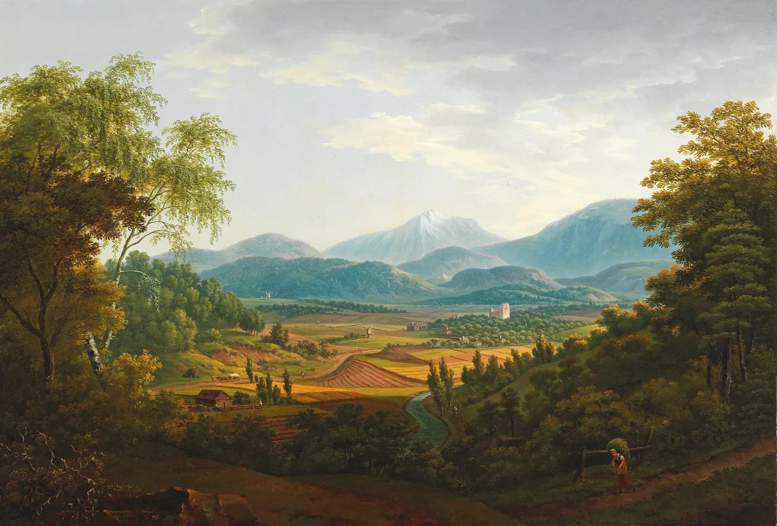 A wide early nineteenth-century landscape of wooded hills and farmland opening onto a valley, with blue Carpathian mountains and a snowy peak on the horizon