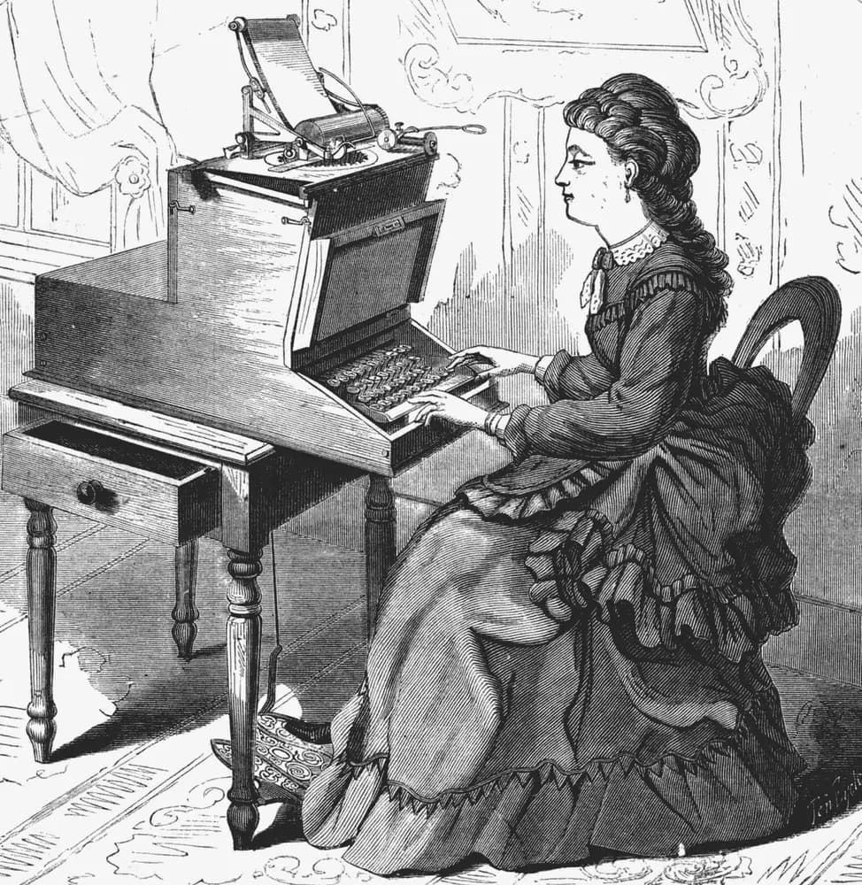An 1872 wood engraving of a young woman in Victorian dress seated at a desk, both hands on the keys of an early Sholes and Glidden typewriter