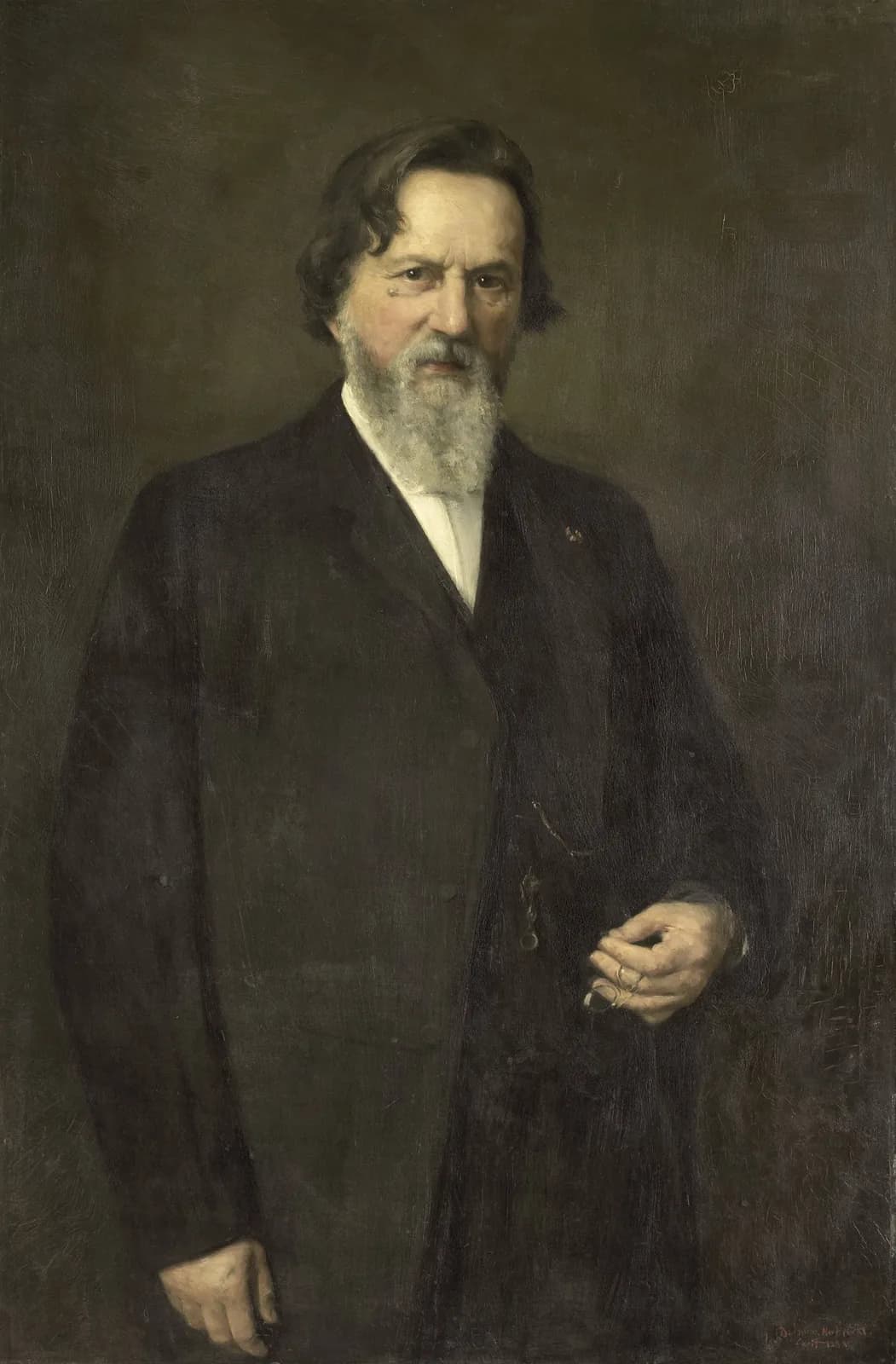 An 1888 oil portrait of the Dutch physiologist and ophthalmologist Franciscus Cornelis Donders, an elderly bearded man in a dark suit holding a pair of spectacles