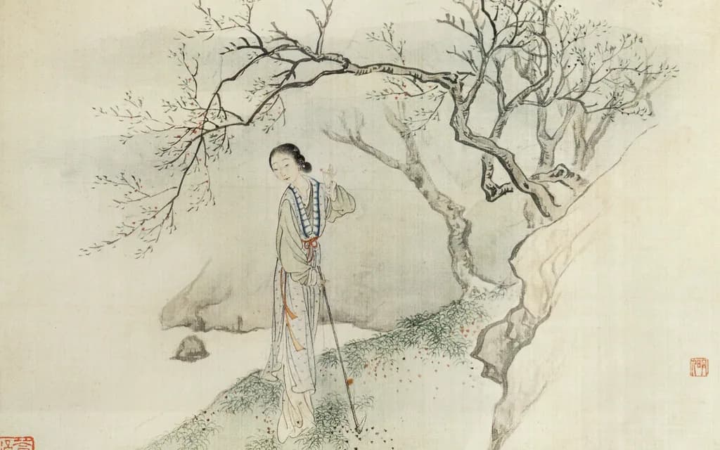 A Qing painting on silk of Lin Daiyu carrying a flower hoe beneath a bare plum tree, petals scattered on the ground