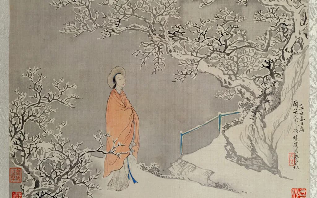 A Qing-dynasty album painting of a woman in a red cloak standing in snow among bare plum branches