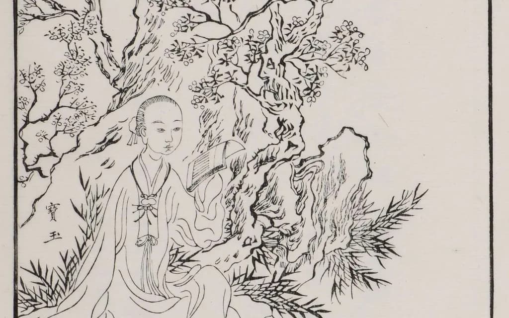 A Qing woodblock line drawing of Jia Baoyu reading a book beside a garden rock under flowering plum branches
