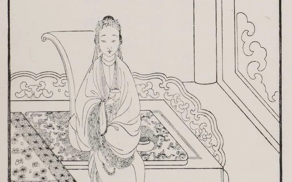 A Qing woodblock line drawing of Wang Xifeng seated on a couch holding a small cup