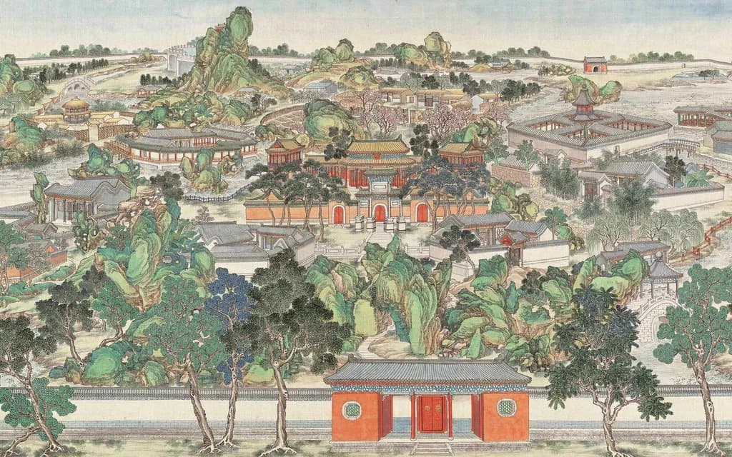 A Qing painted panorama of the Grand View Garden, showing red-walled halls, courtyards and trees seen from above