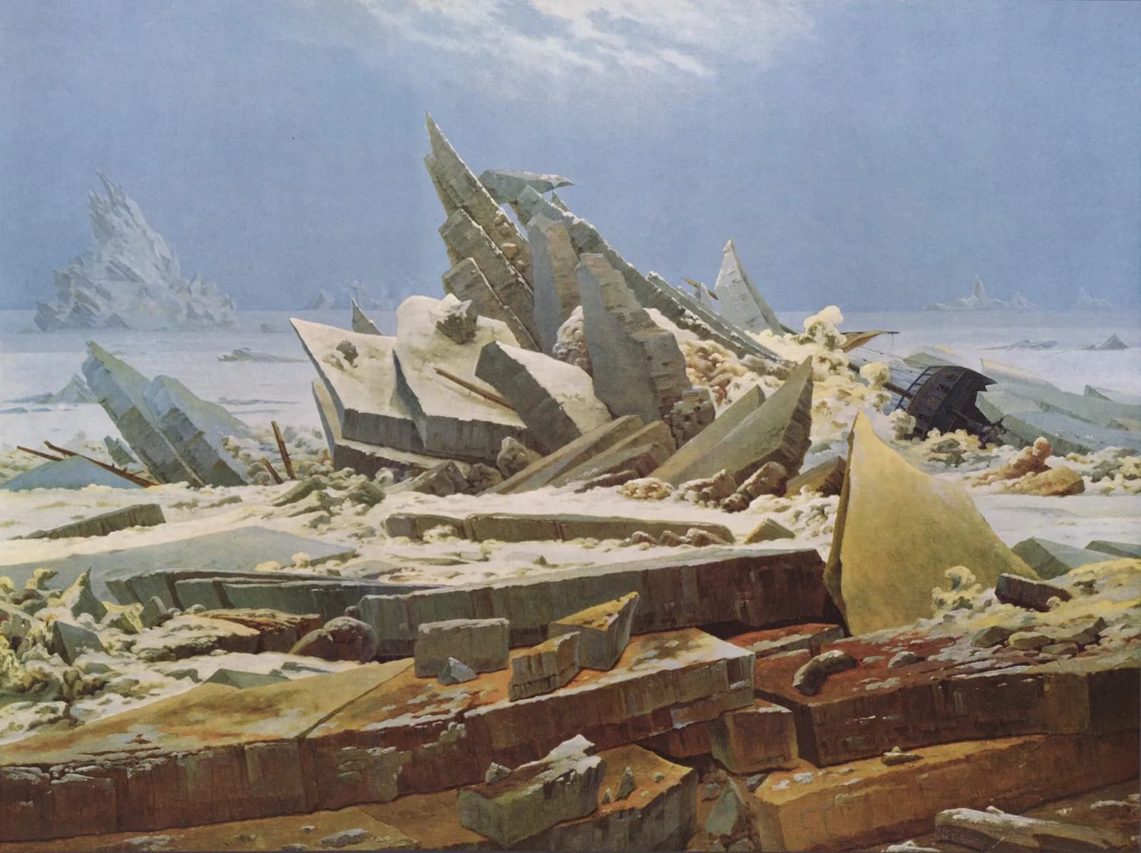 Caspar David Friedrich's painting The Sea of Ice: jagged slabs of pack ice thrust up into a frozen ridge under a pale sky, with the crushed stern of a wooden ship visible at the right