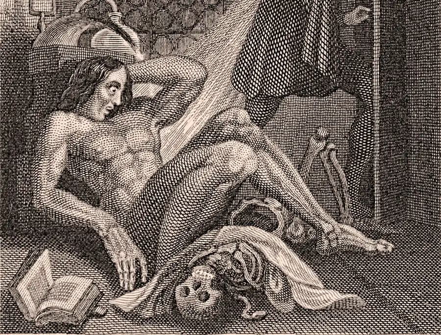 Detail of Theodor von Holst's 1831 frontispiece to Frankenstein: the newly animated creature raising himself naked from the laboratory floor beside a skull and an open book, with his maker fleeing at the right edge
