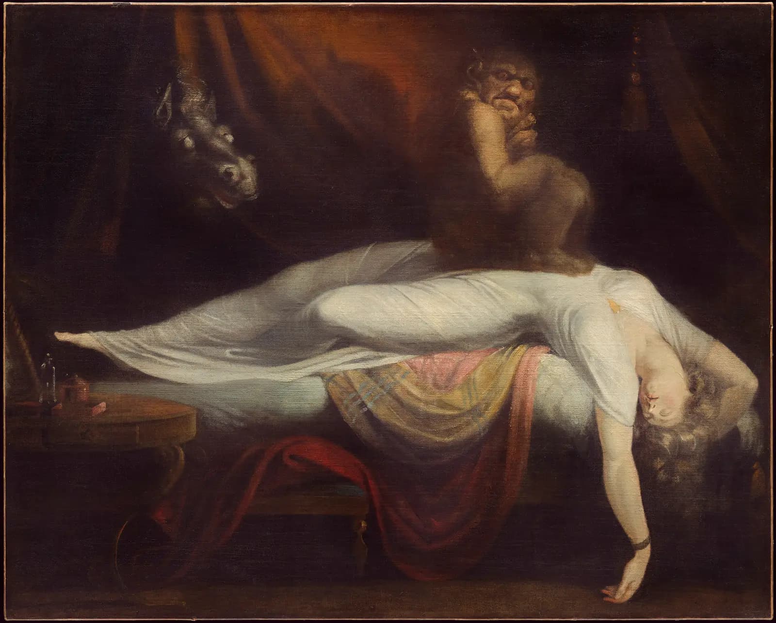 Henry Fuseli's 1781 oil painting The Nightmare: a woman in white thrown back asleep across a couch with a squat dark imp crouched on her chest and a pale horse's head pushing through the curtains behind her