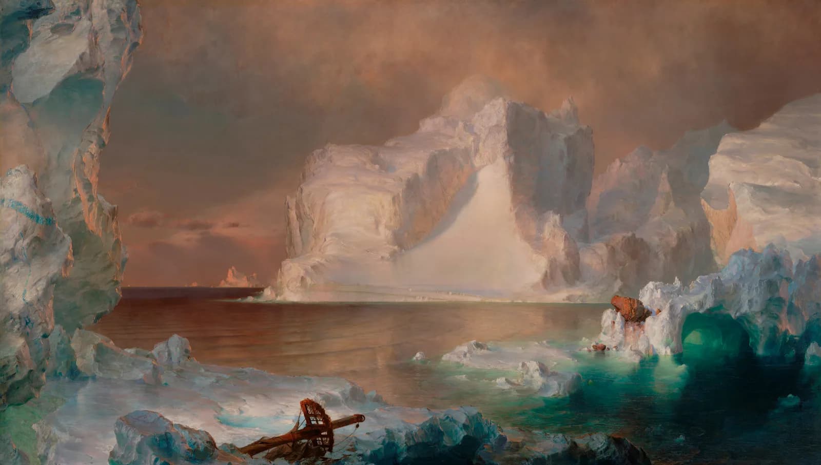 A wide painting of towering pale icebergs around a still Arctic bay under a pink sky, with a broken ship's mast lying in the ice in the foreground