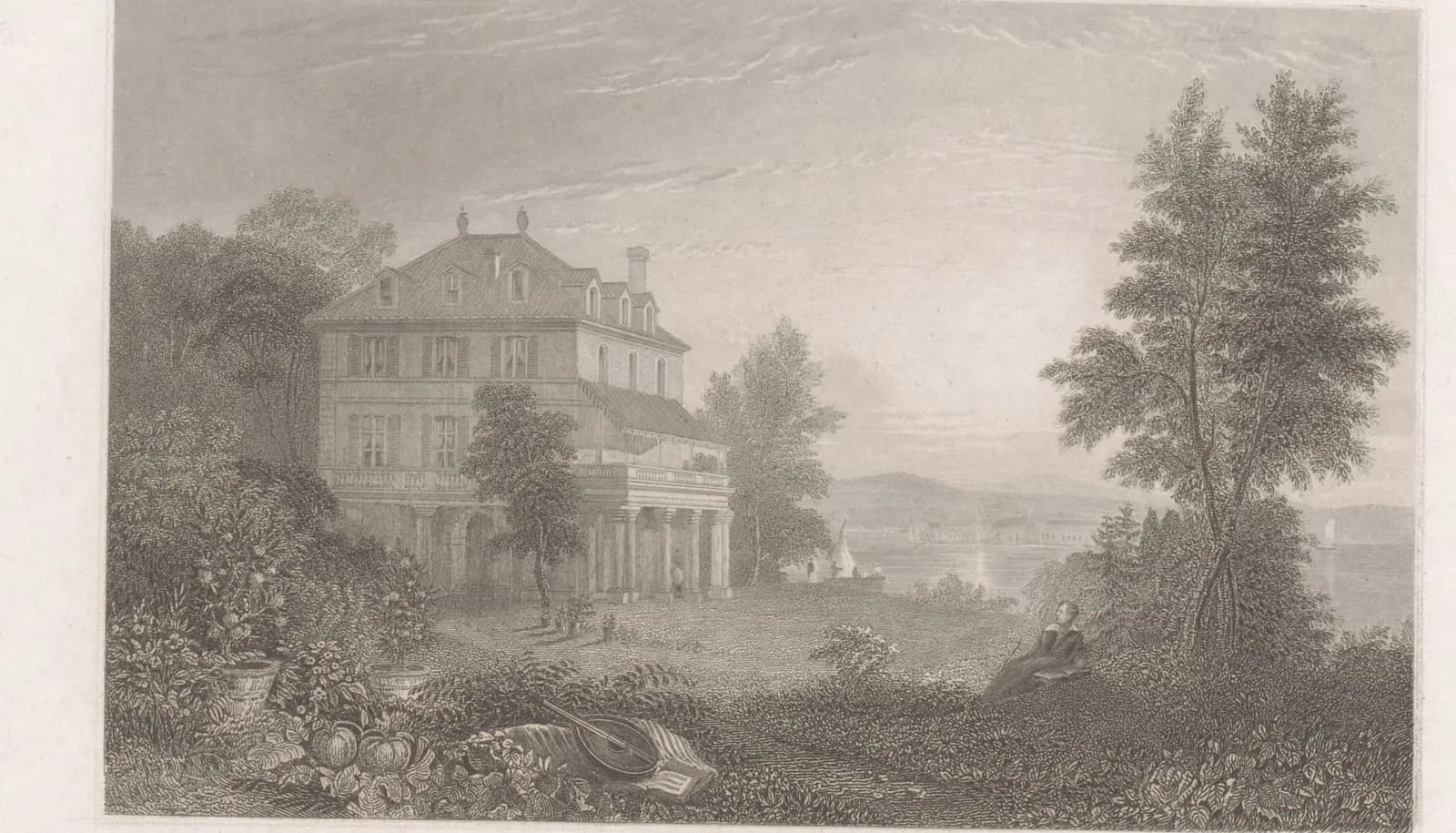 A 19th-century steel engraving of the Villa Diodati, a large colonnaded house on a wooded slope above Lake Geneva, with a seated figure in the foreground and mountains across the water