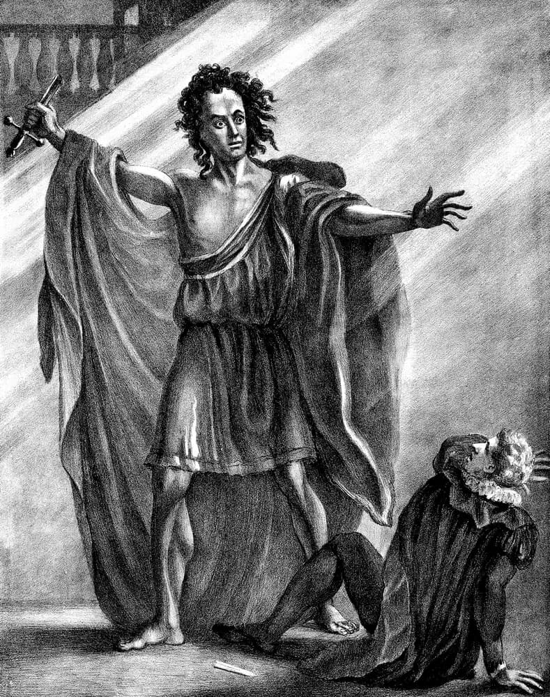 An 1823 lithograph of the actor T. P. Cooke costumed as the creature in the stage melodrama Presumption, standing in a shaft of light with arms flung wide and a figure collapsed at his feet