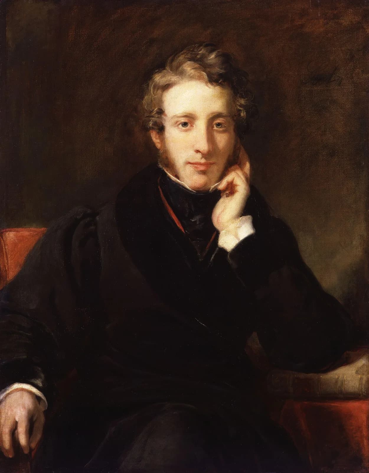 An oil portrait of the novelist Edward Bulwer-Lytton, seated in a dark coat with one hand resting on a book, painted about 1831