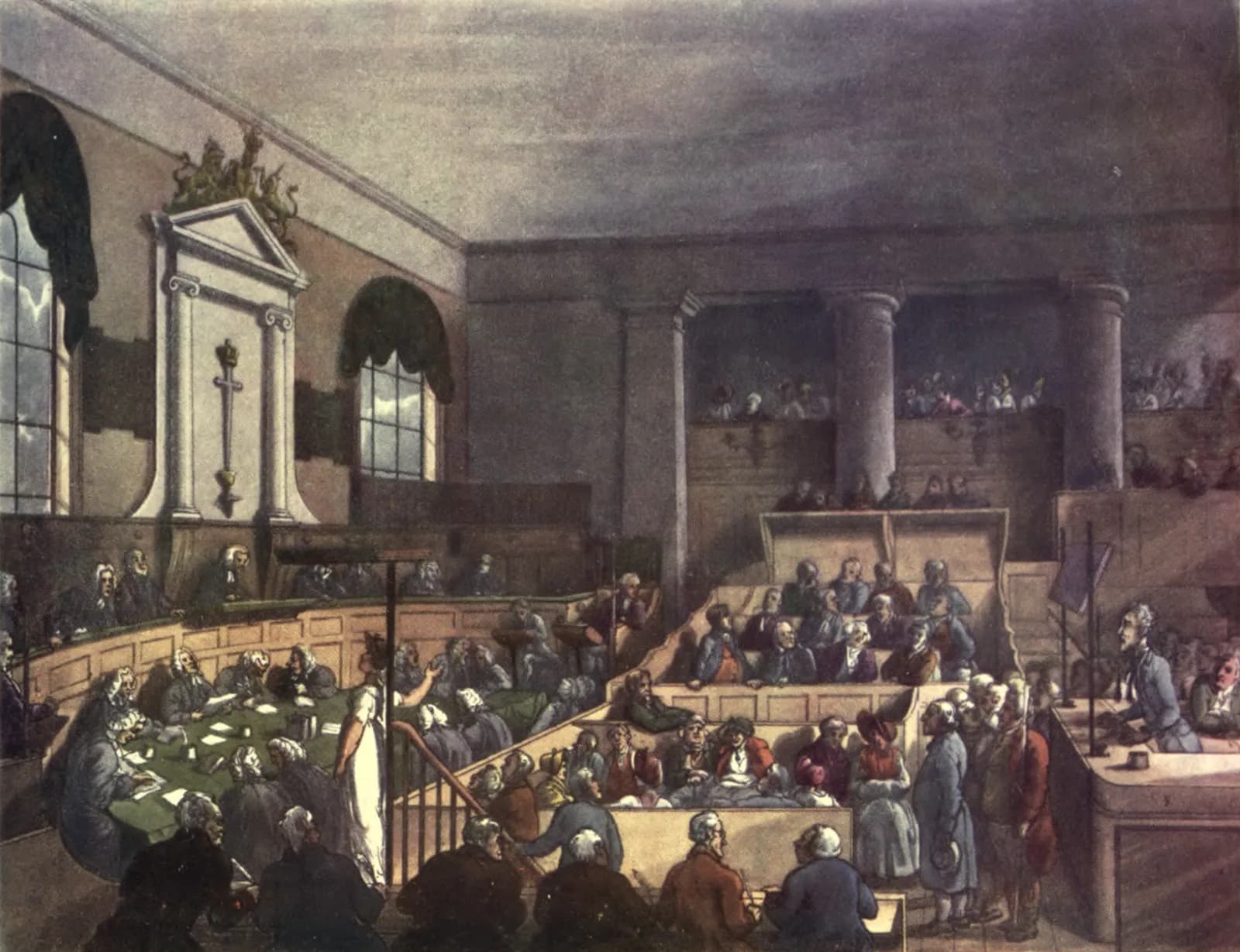 A hand-coloured aquatint of the Old Bailey courtroom in 1809, the judges on the bench, the dock in the centre and the public galleries packed above