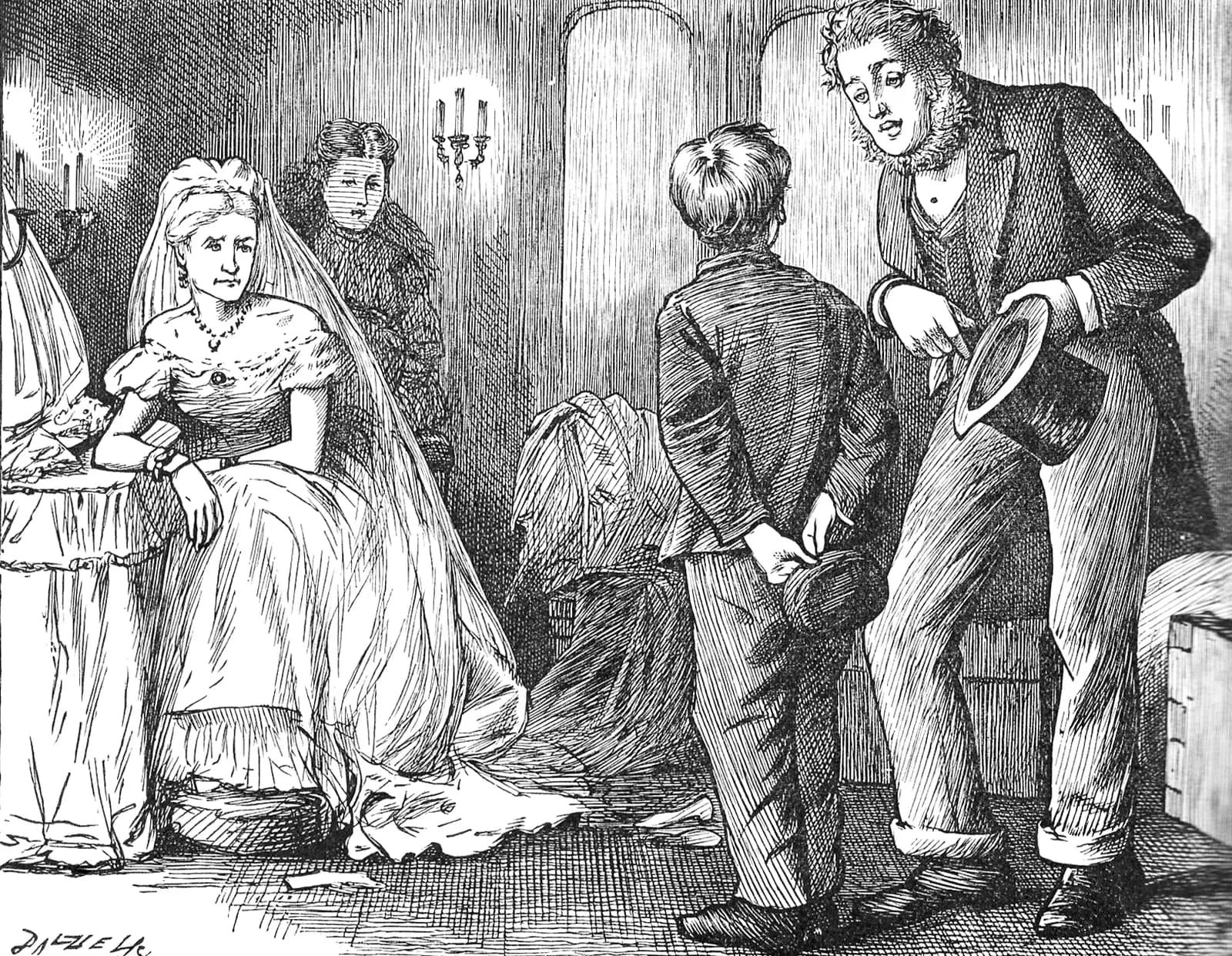 An 1876 wood engraving of Miss Havisham seated in her bridal dress and veil beside the table, Estella standing behind her chair and Pip and Joe facing her with their hats in their hands