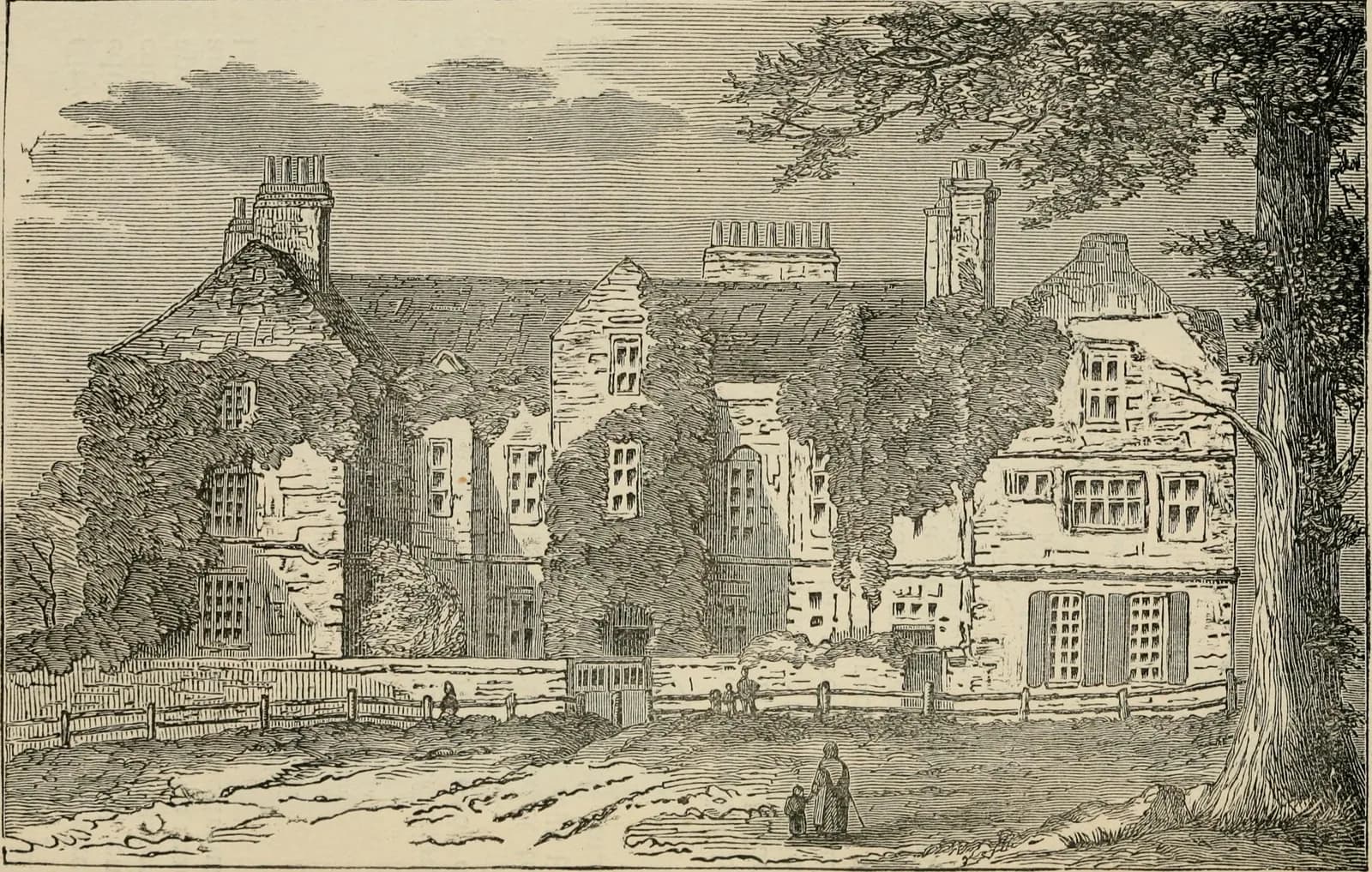 An 1880 engraving of Restoration House in Rochester, a tall Elizabethan brick house behind a wall, long identified as the model for Satis House