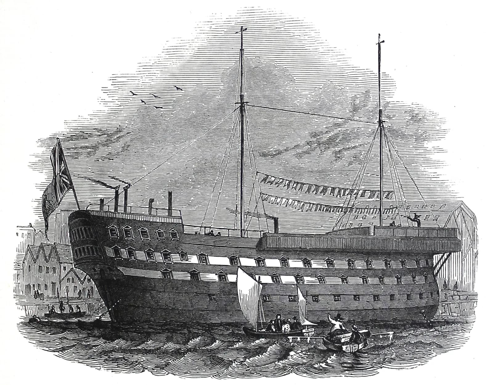 An 1846 engraving of the convict hulk Warrior moored off Woolwich, a dismasted wooden warship converted into a floating prison with washing strung along its upper deck