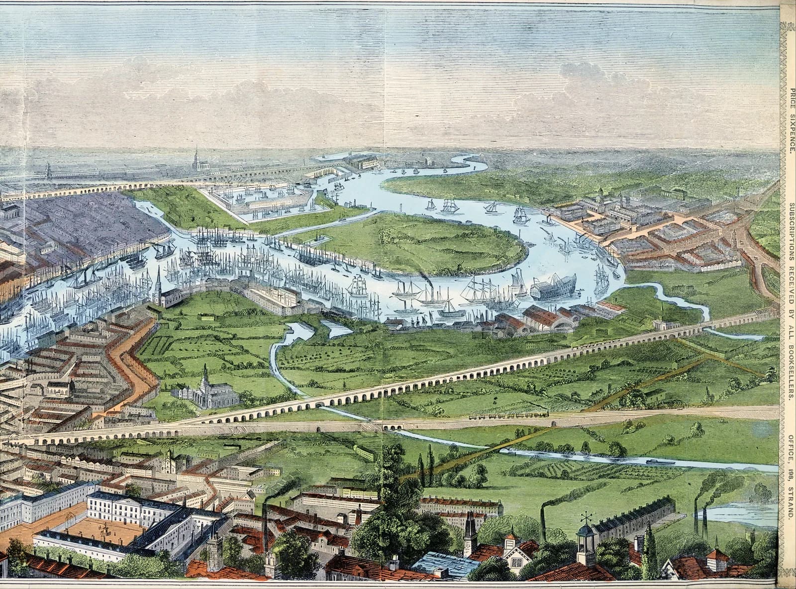 A hand-coloured engraved panorama of London and the River Thames in the late 1840s, the dome of St Paul's above the rooftops and shipping crowded along both banks
