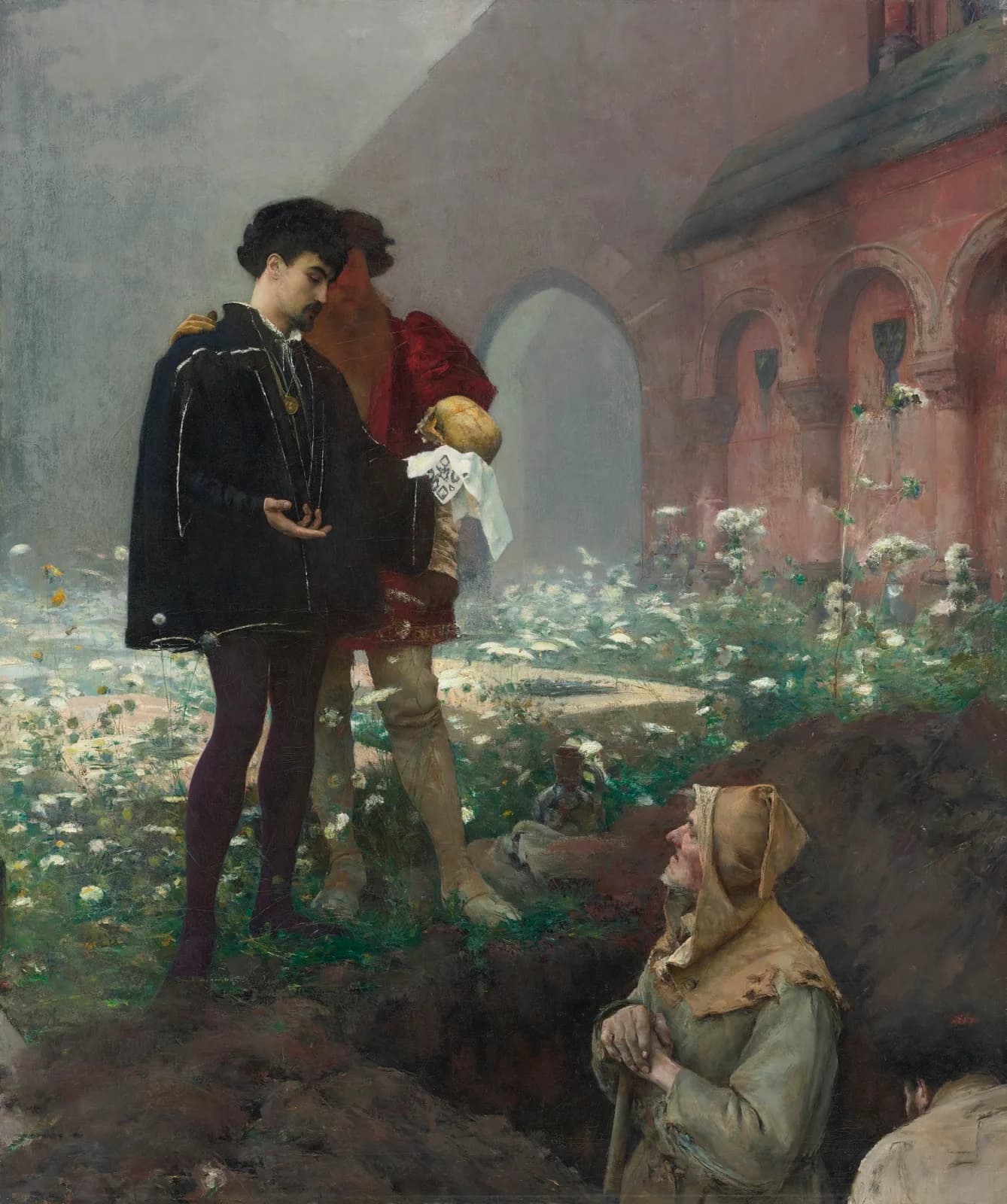 A painting of Hamlet in black and Horatio standing in a flowering churchyard beside a red brick church, looking down at an old gravedigger in an open grave