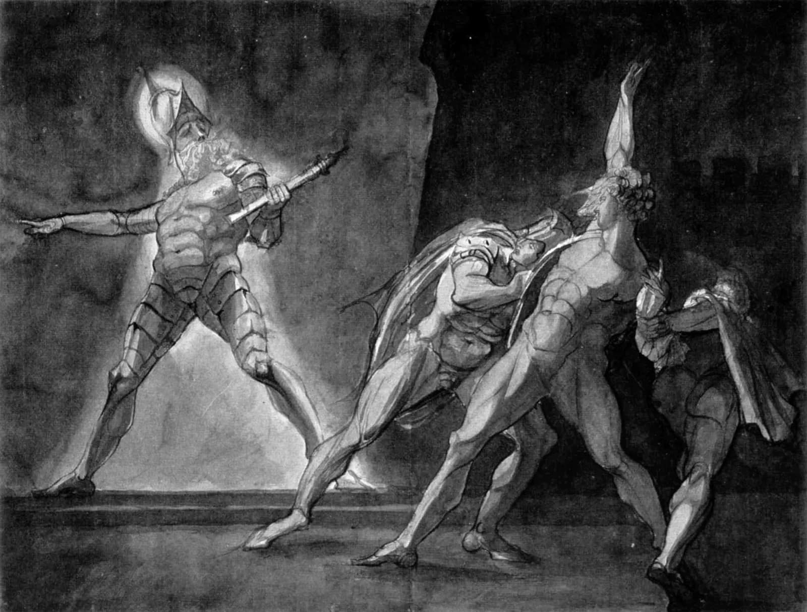 Henry Fuseli's painting of Hamlet and his father's ghost: a pale armoured figure with an outstretched arm on the left, and Hamlet lunging toward it while Horatio and Marcellus haul him back, all in strained elongated poses against darkness