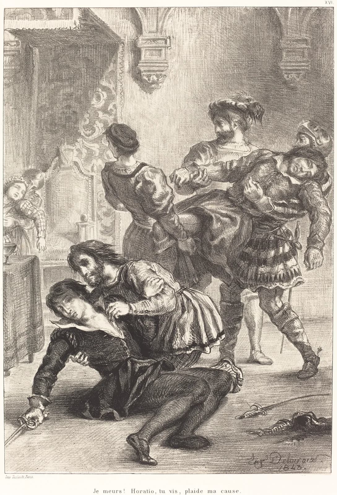 Delacroix's lithograph of the final scene: Hamlet collapsed on the floor of the hall in Horatio's arms, two figures struggling behind them, a fallen crown and a body on the flagstones