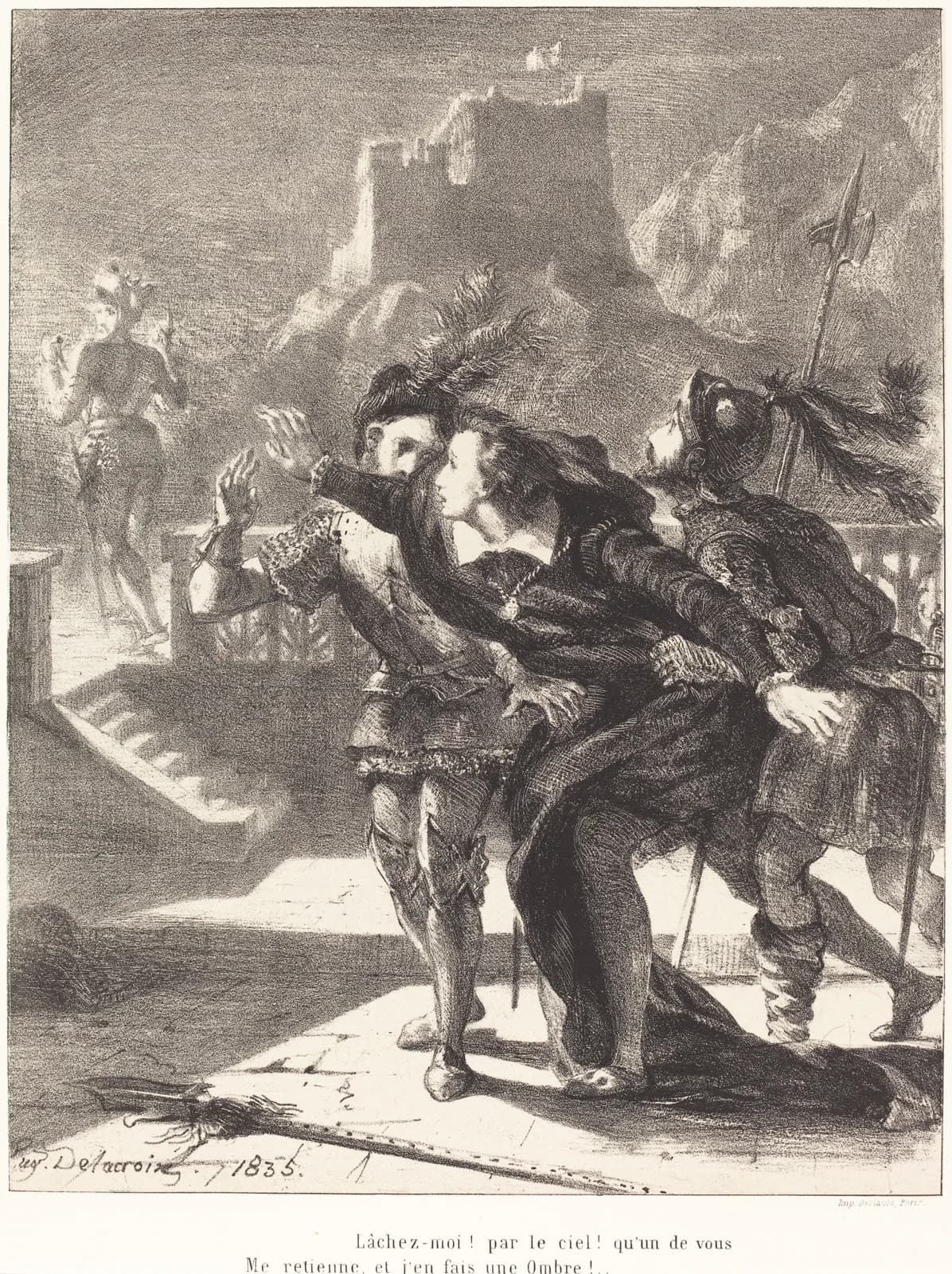Delacroix's lithograph of Hamlet straining toward his father's ghost on the castle rampart while Horatio and an armoured guard with a halberd hold him back, a fortress on the crag behind them
