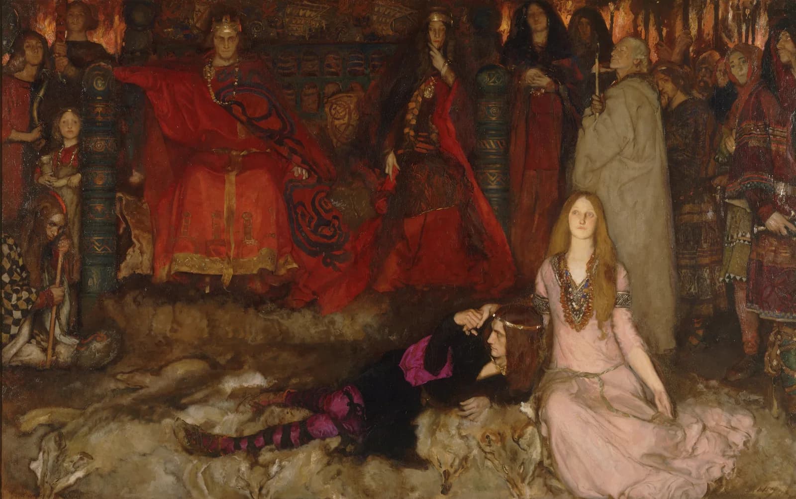 Edwin Austin Abbey's painting of the play scene: Claudius crowned in red on a firelit dais with Gertrude beside him and the court standing behind, while Ophelia sits in pink in the foreground and Hamlet sprawls on the floor watching the king's face