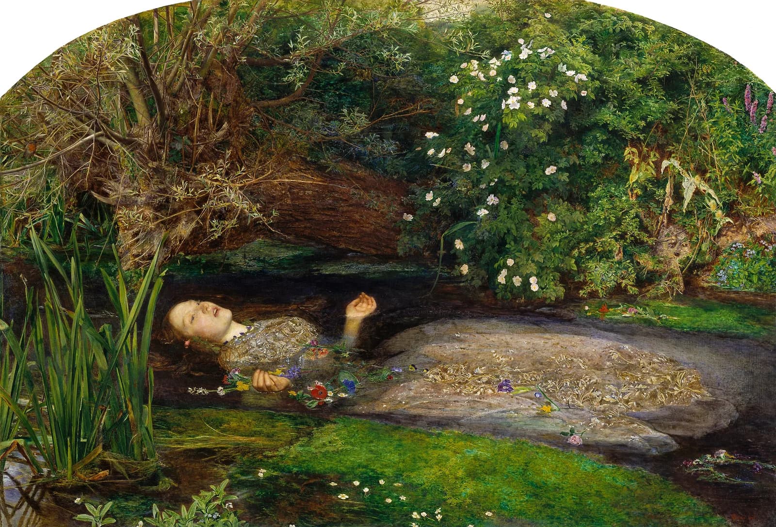 Millais's painting of Ophelia floating on her back in a stream, singing with her hands open above the water, in an embroidered dress, surrounded by willow, nettles, wild roses and flowers scattered across the surface