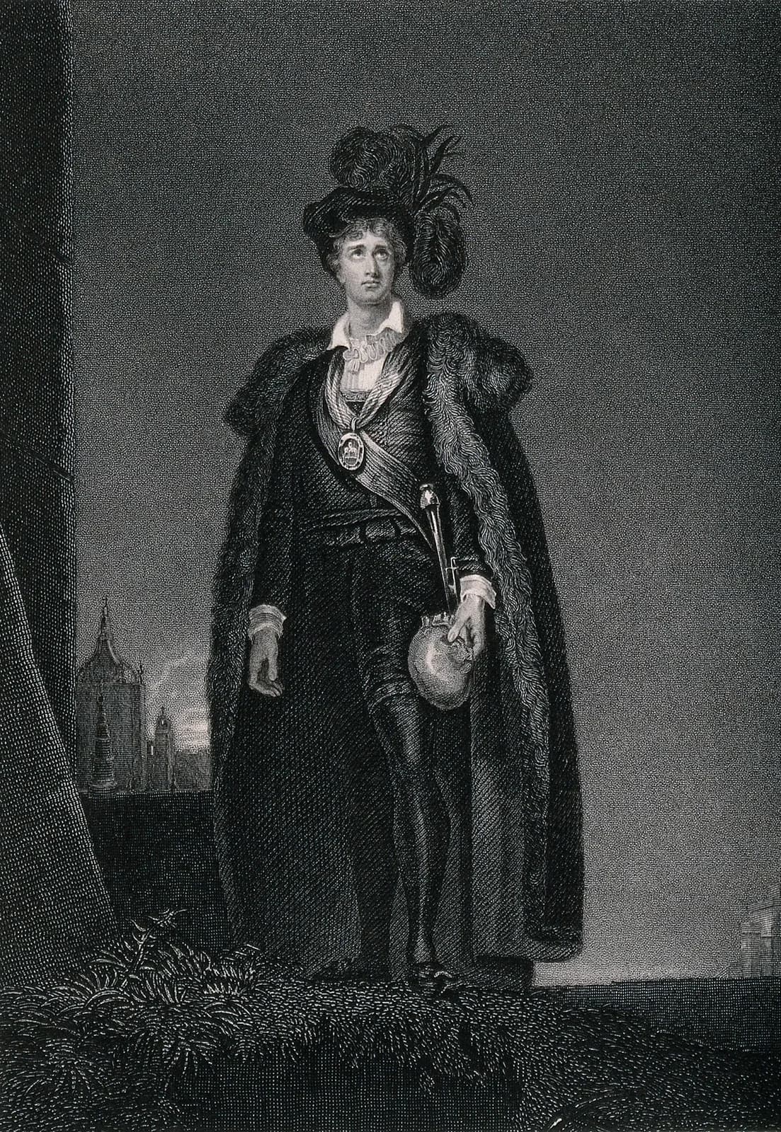 A 19th-century engraving after Thomas Lawrence: John Philip Kemble as Hamlet, full length in black with a plumed hat and fur-edged cloak, standing on a grassy bank holding a skull at his side, a lit tower in the distance