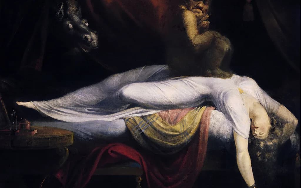 Henry Fuseli's 1781 painting The Nightmare, a sleeping woman in white with a crouching figure on her chest in a red-draped room