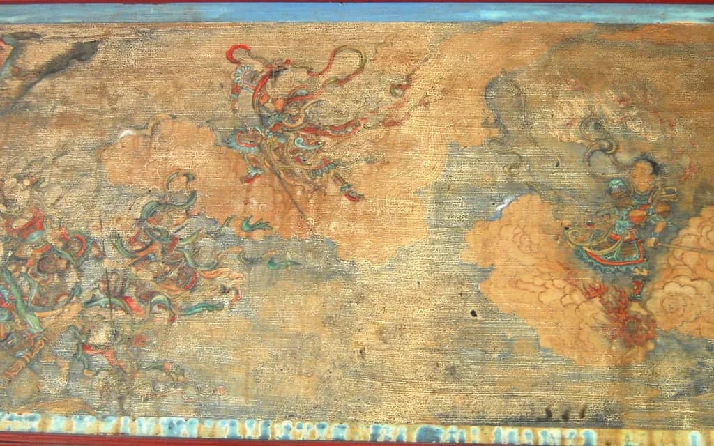 A painted panel from the Long Corridor of the Summer Palace in Beijing, showing Sun Wukong fighting celestial warriors during the war in Heaven