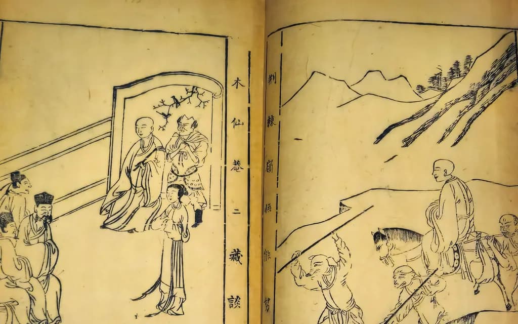 Two facing pages of an eighteenth-century illustrated edition of Journey to the West, showing the pilgrims and their horse crossing a mountain