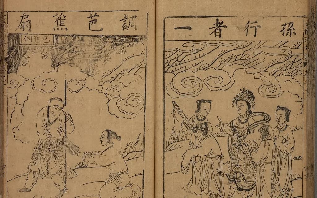 A woodblock double-page illustration from the 1592 first edition of Journey to the West, showing Sun Wukong asking for the plantain fan