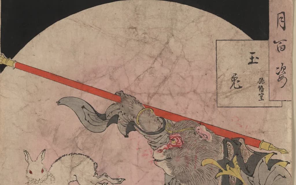 Tsukioka Yoshitoshi's woodblock print of Sun Wukong leaping past the full moon with his staff across his shoulders, the jade rabbit beside him