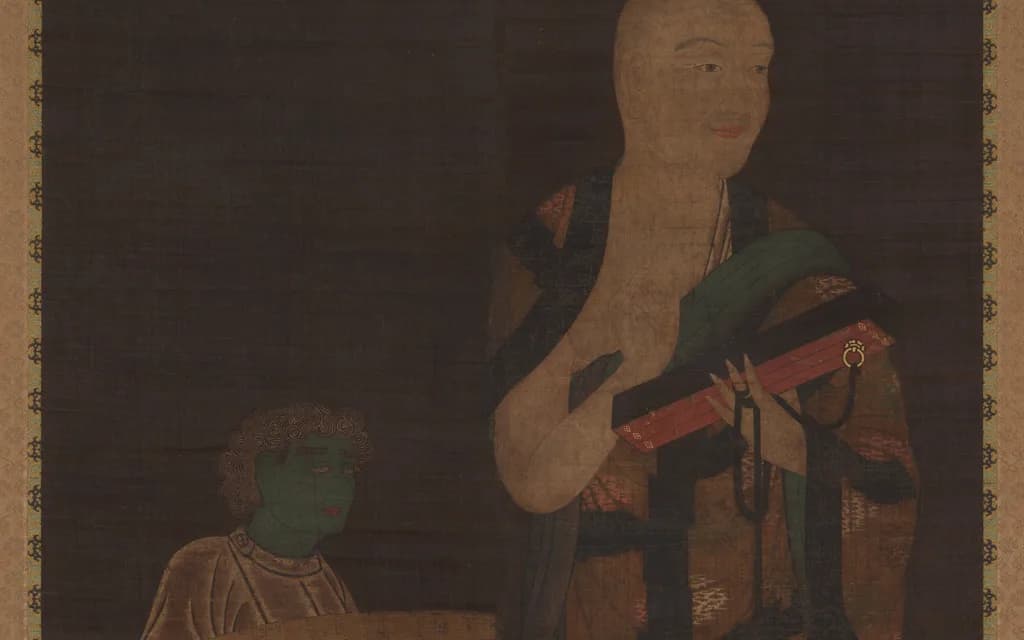 A fourteenth-century Japanese hanging scroll showing the monk Xuanzang holding a sutra box, with a green-skinned attendant beside him