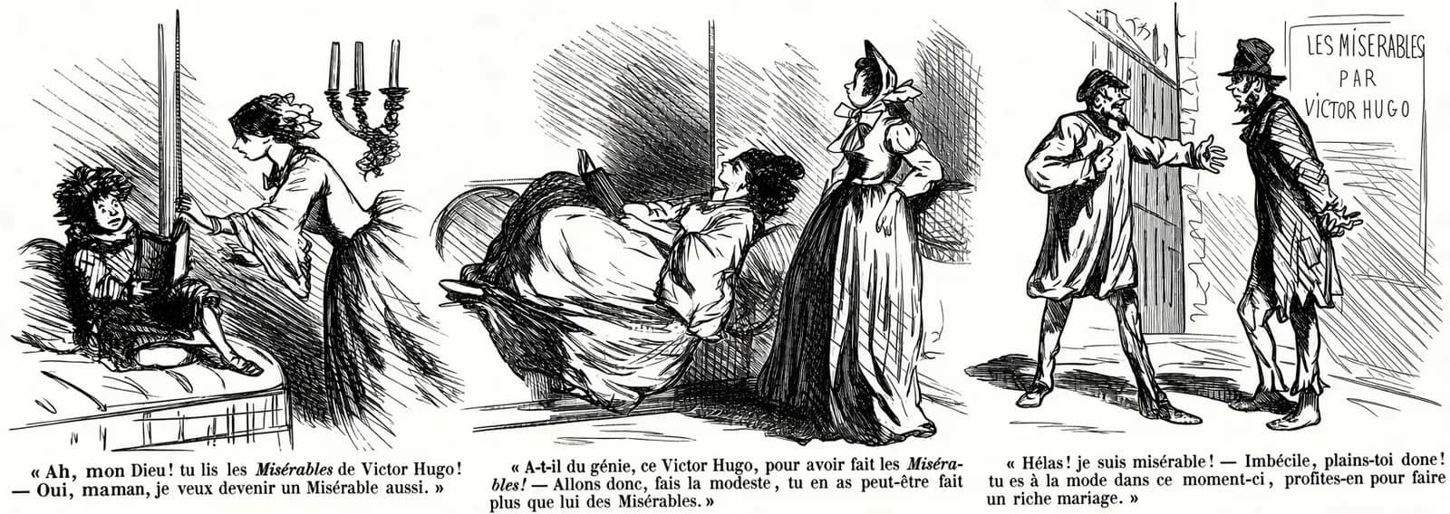 Cham's three-panel 1862 cartoon from L'Illustration: a child reading Les Misérables in bed while a mother exclaims, a woman reclining with the book while another scolds her, and two ragged men in front of a poster reading Les Misérables par Victor Hugo