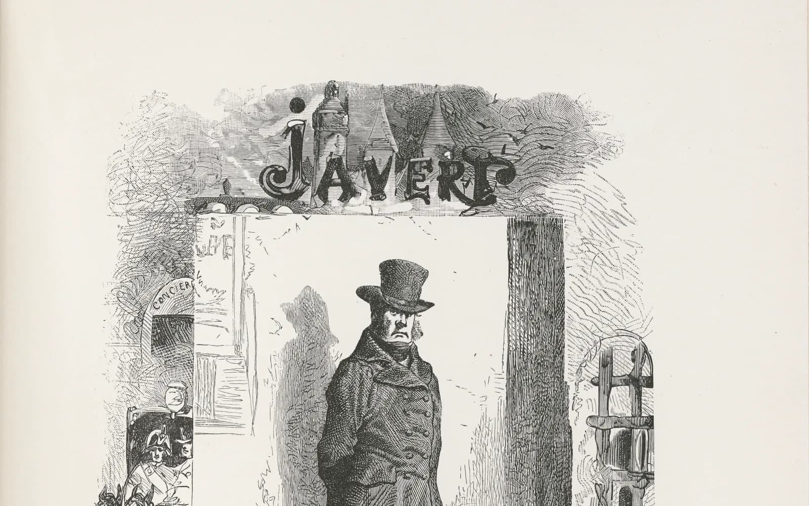 Gustave Brion's 1862 plate of Inspector Javert in a top hat and long coat standing in a doorway, his name lettered across a decorated arch above him
