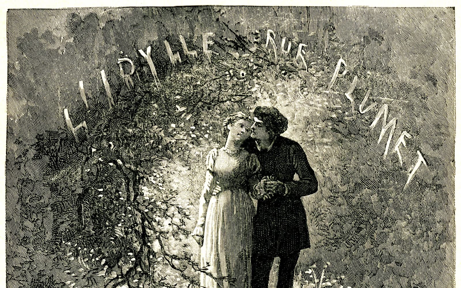 A nineteenth-century engraved title plate for the Rue Plumet section of Les Misérables, Marius and Cosette embracing in a tangled garden beneath the lettered title