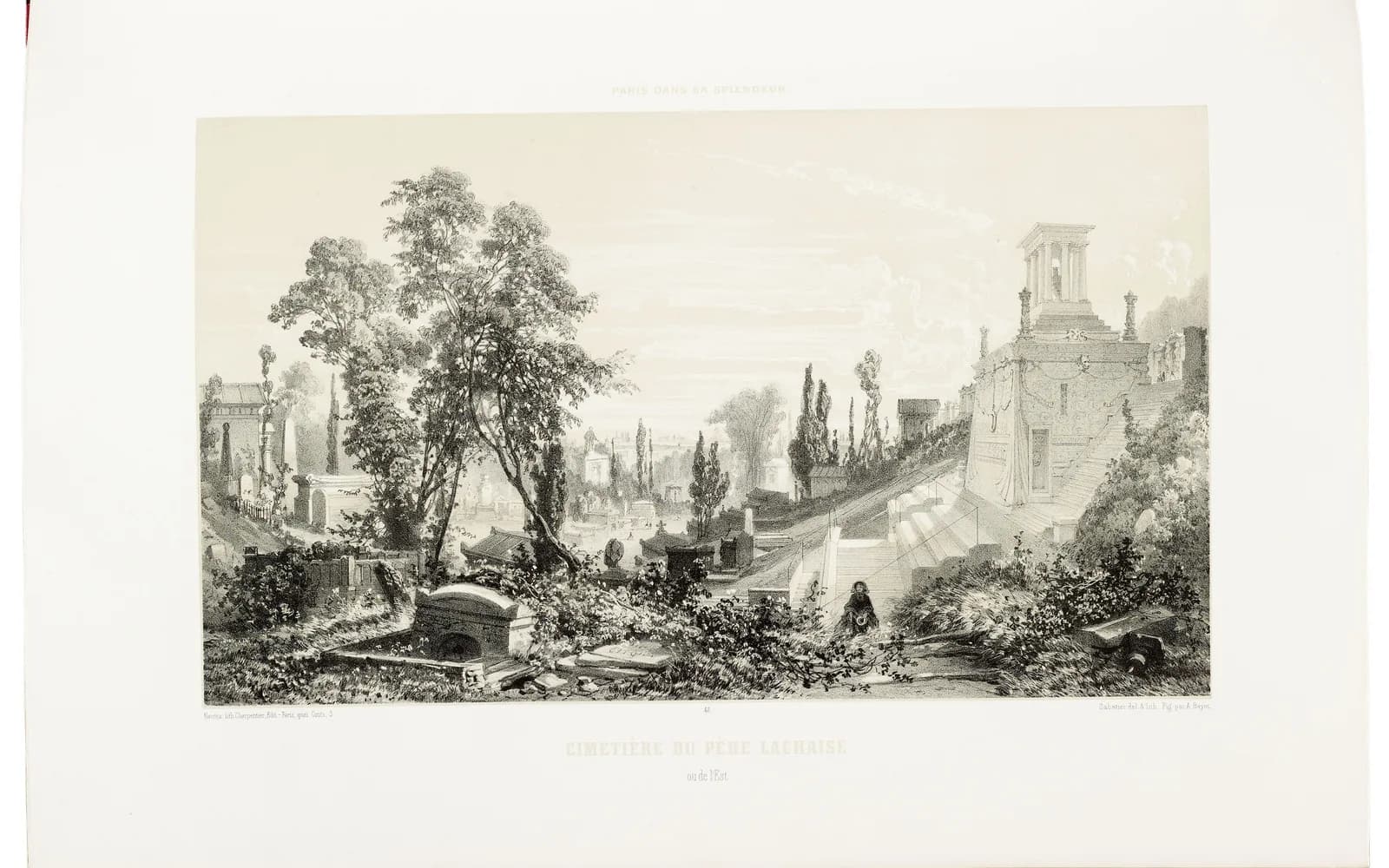 A nineteenth-century engraved view of Père-Lachaise cemetery in Paris, crowded tombs and cypresses climbing a hillside under a pale sky
